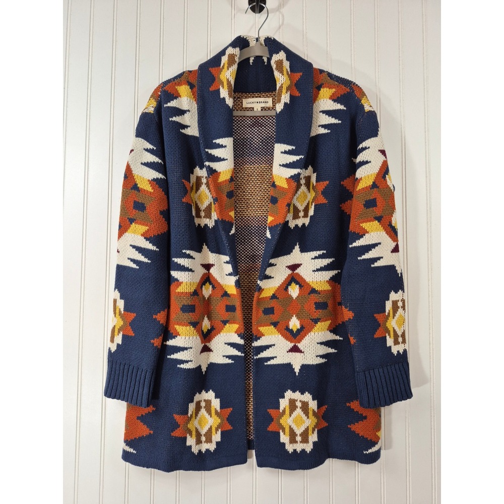 Lucky Brand Southwestern Shawl Collar Cardigan Blue Orange Geometric Sweater S
